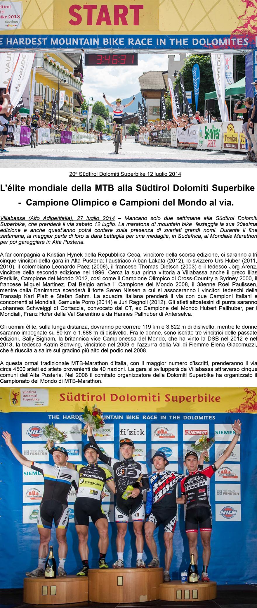 Sudtirol Dolomiti Superbike il 12 luglio 2014  Lélite mondiale della MTB al via